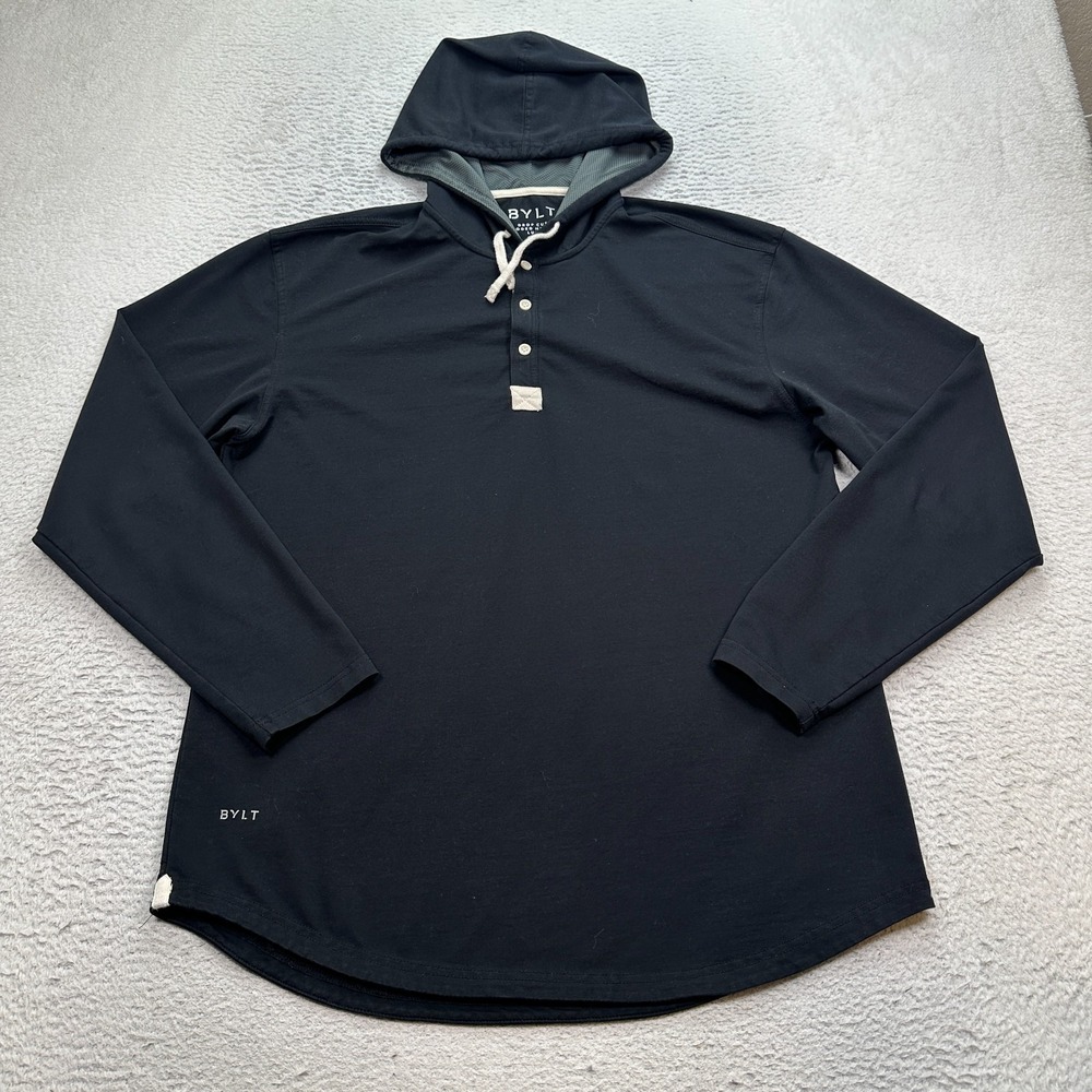 BYLT Basics Hoodie Shirt Mens XL Long Sleeve Black Drop-Cut LUX Hooded Henley